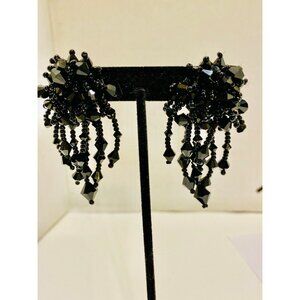 Lois Ann Signed Earrings – Vintage Black Crystal Teardrop Clip-On, 2.5" USA Made